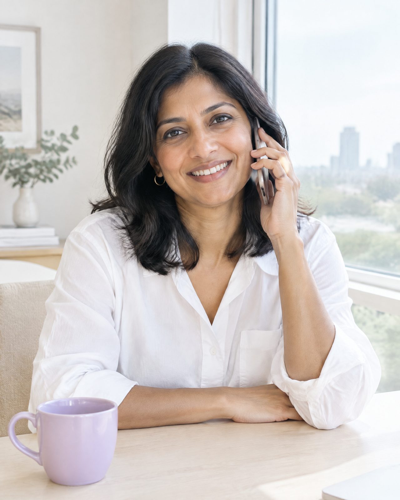 A South Asian Canadian woman at a bright table checking her phone